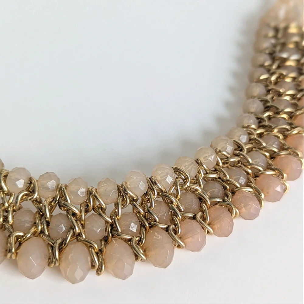 Faceted Bead Statement Necklace Gold Chain Layered Collar in Blush Pink - Picture 3 of 7